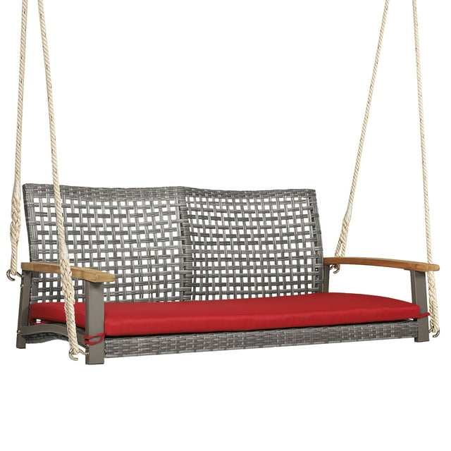 Costway 2-Person Patio Wicker Hanging Swing Chair Loveseat Cushion Porch Red