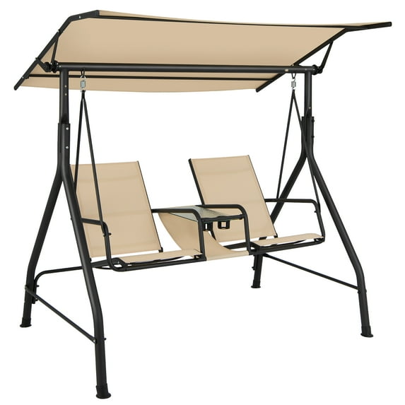 Costway 2-Seat Outdoor Patio Swing Adjustable Canopy Tempered Glass Table Top Cup Holder Beige