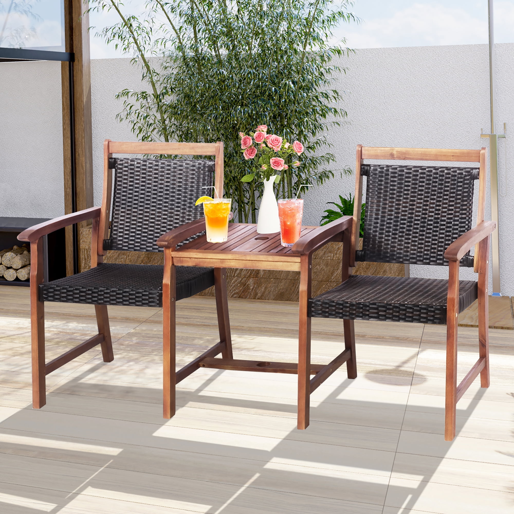 Rattan bench with table outlet