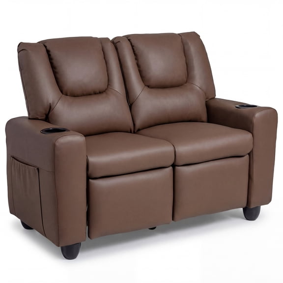 Costway 2-Seater Kids Recliner with Cup Holders Side Storage Pockets Adjustable Backrest Brown