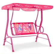 Costway 2-Seater Toddler Porch Swing Chair with Metal Stand Adjustable Canopy Safety Belts Pink