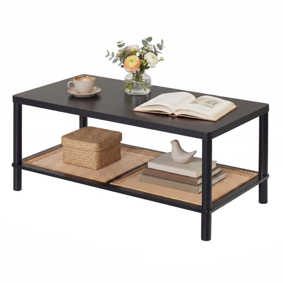 Costway 2-Tier Boho Coffee Table for, Rectangular Center Table with Rubber Wood Frame Black