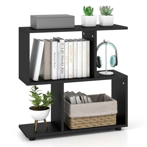 Costway 2-Tier Bookshelf Free Standing Wooden Display S-Shaped Shelf Storage Rack Black