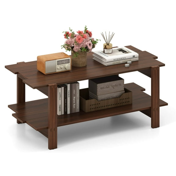 Costway 2-Tier Coffee Table Irregular Center Table with Open Storage Shelf Cocktail Table Walnut