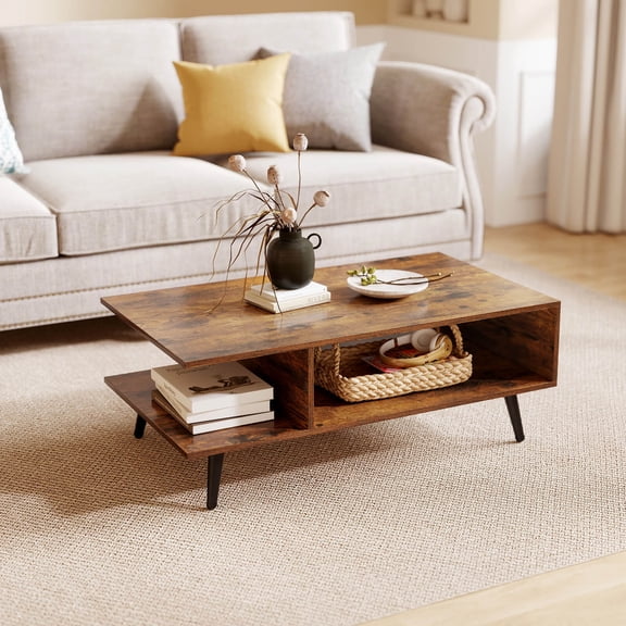 Costway 2-Tier Coffee Table with Compartments & Metal Legs Rectangle Tea Cocktail Table Rustic Brown & Black