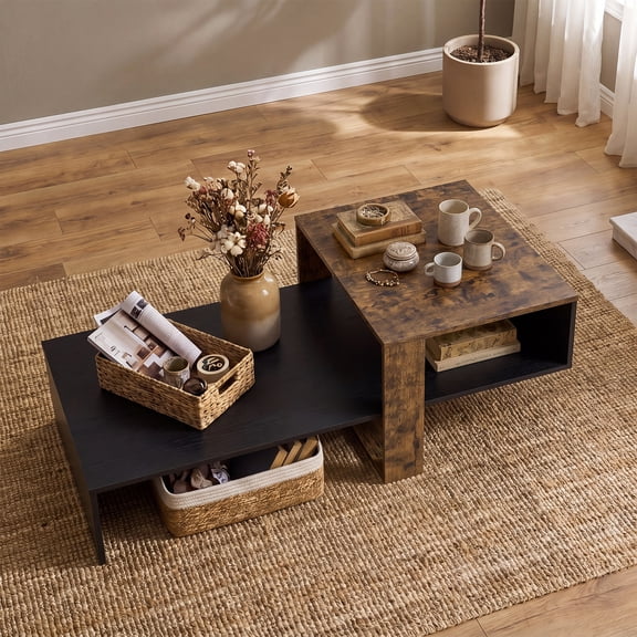 Costway 2-Tier Coffee Table with Open Storage Shelf, Cross-shaped Base for Living Room Rustic Brown + Black