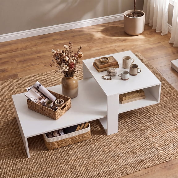 Costway 2-Tier Coffee Table with Open Storage Shelf, Cross-shaped Base for Living Room White