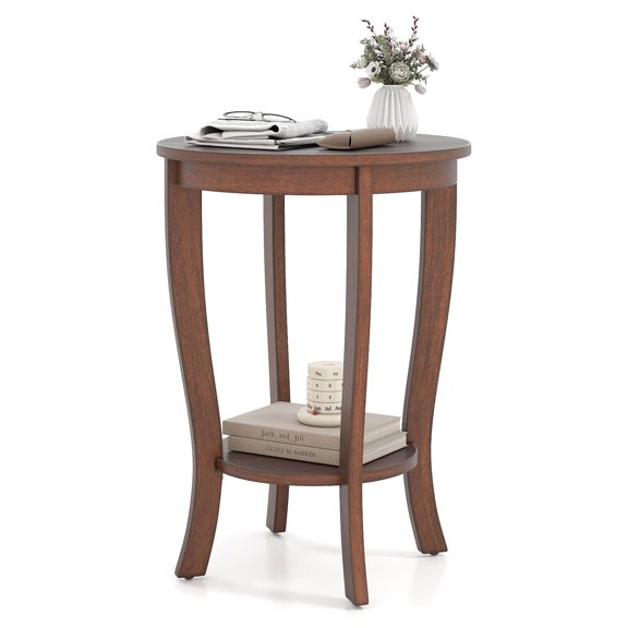 Costway 2-Tier End Table 18" Round Compact Sofa Side Nightstand with Storage Shelf Brown
