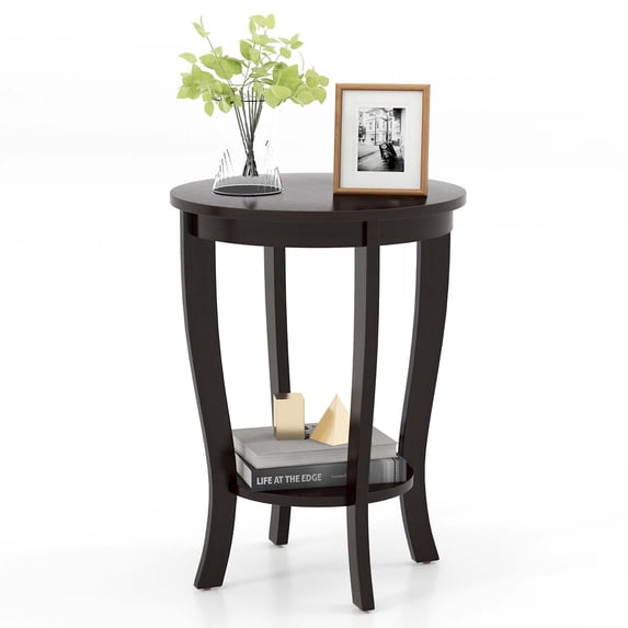 Costway 2-Tier End Table 18'' Round Compact Sofa Side Nightstand with Storage Shelf Espresso