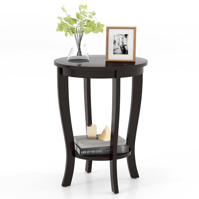 Costway 2-Tier End Table 18'' Round Compact Sofa Side Nightstand with Storage Shelf Espresso