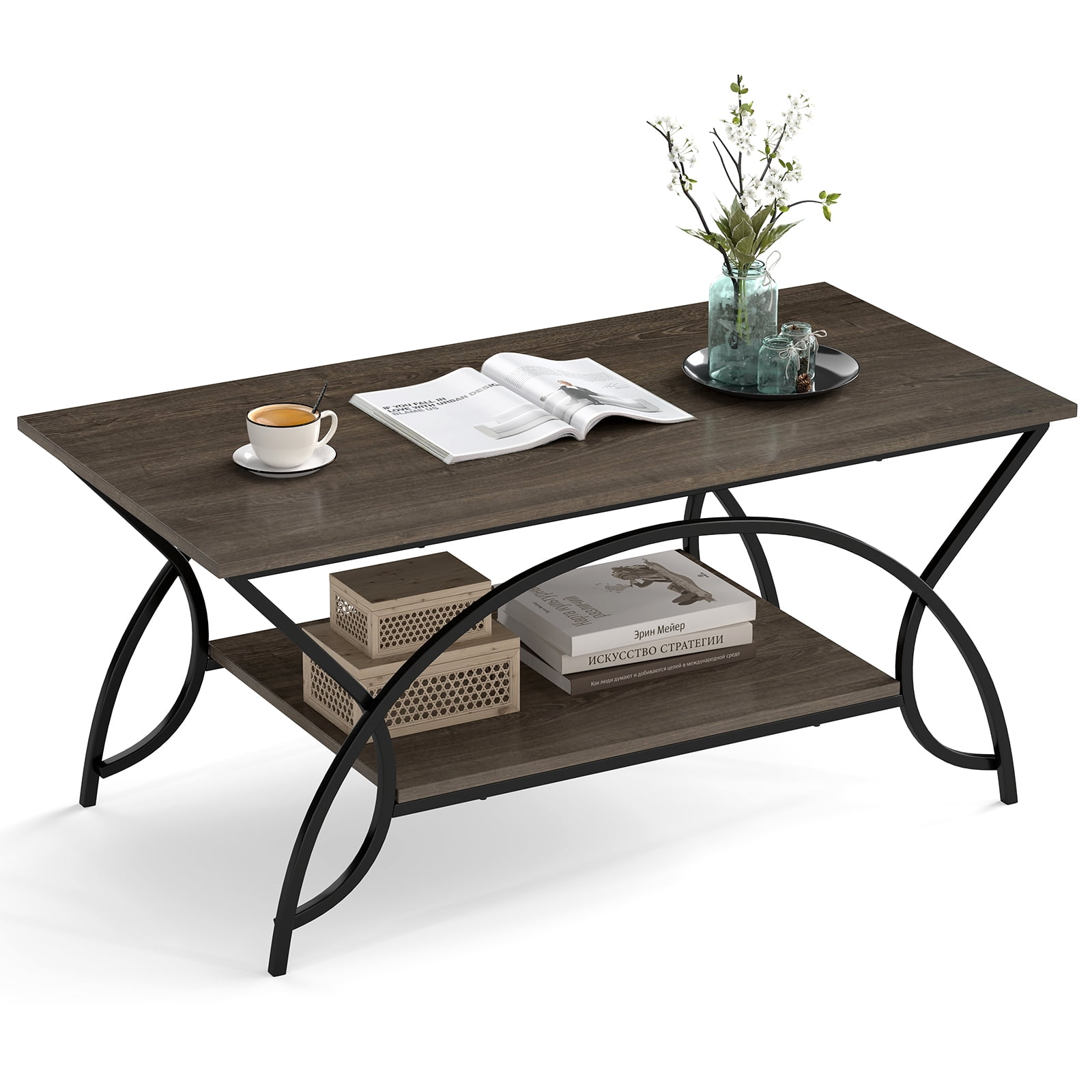 Costway 2-Tier Industrial Coffee Table Rectangular Cocktail Table with Storage Shelf Gray Oak
