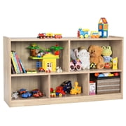 Costway 2-Tier Kids Bookcase with Spacious Top & Raised Base Toy Organizer with 5 Compartments Light Natural