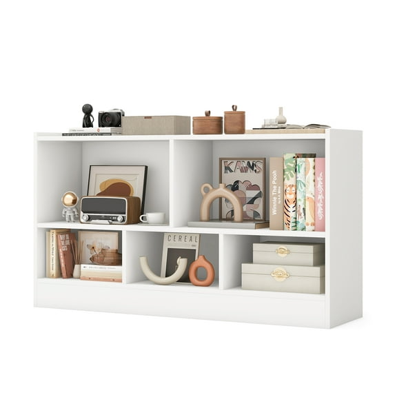 Costway 2-Tier Kids Bookcase with Spacious Top & Raised Base Toy Organizer with 5 Compartments Light White