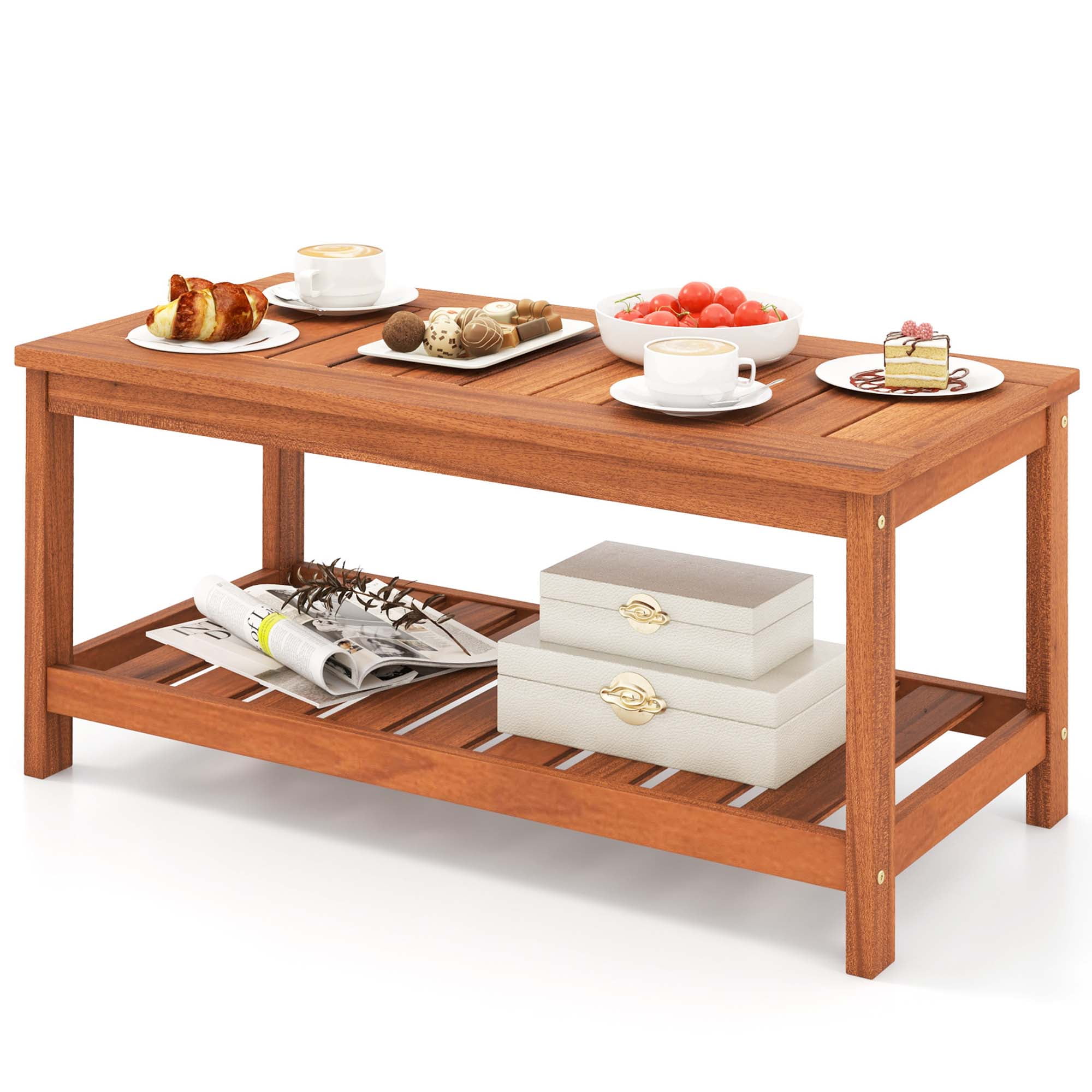 Costway 2-Tier Outdoor Solid Wood Coffee Table