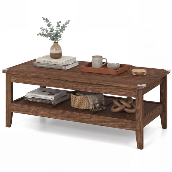 Costway 2-Tier Rectangle Center Table with Slatted Storage Shelf & Thickened Tabletop Brown