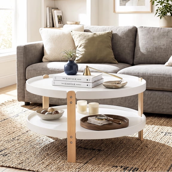 Costway 2-Tier Round Coffee Table with Open Storage Shelf, Solid Beech Wood Legs for Home White & Natural
