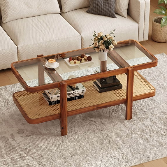 Costway 2-Tier Rustic Coffee Table with Storage Tempered Glass Tabletop PE Rattan Shelf Brown