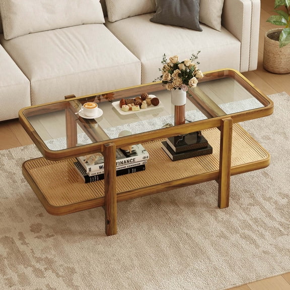 Costway 2-Tier Rustic Coffee Table with Storage Tempered Glass Tabletop PE Rattan Shelf