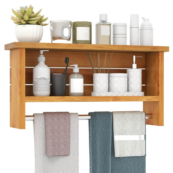 Costway 2-Tier Solid Teak Wood Bathroom Shelf with Towel Bar Stainless Steel Hanging Rod