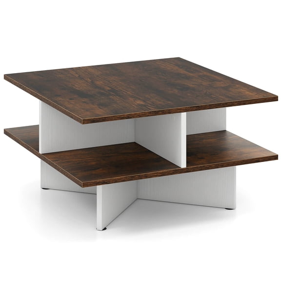 Costway 2-Tier Square Coffee Table Industrial Accent Cocktail Table with X-Shaped Base