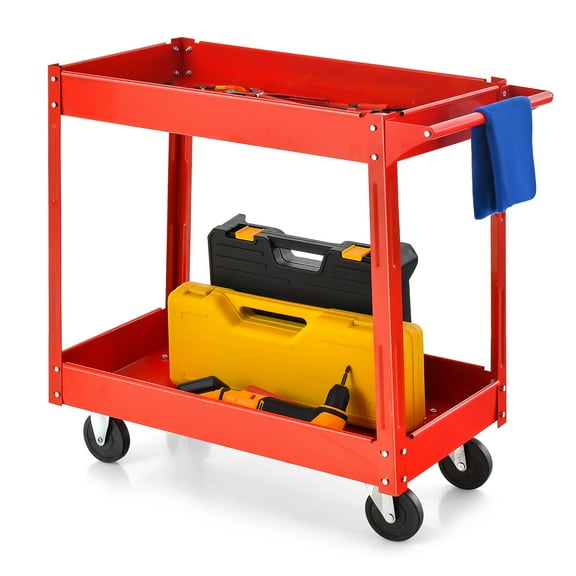 Costway 2-Tier Utility Cart Metal Service Cart Rolling Tool Storage Organizer with Handle Red