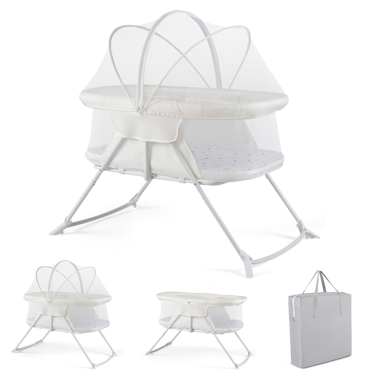Costway 2 in 1 Baby Bassinet with Rocking Motion with Breathable Mesh Beige
