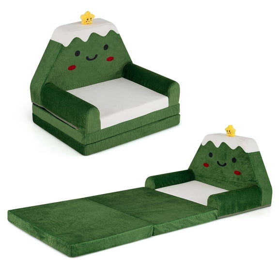 Costway 2-in-1 Convertible Kids Sofa to Lounger Fold Out Toddler Couch with Removable Cover Green + Yellow + White