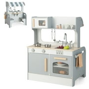 Costway 2 in 1 Kids Play Kitchen& Restaurant Double Sided Wooden Kitchen Playset Toddler Gray