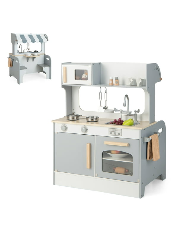 Costway 2 in 1 Kids Play Kitchen& Restaurant Double Sided Wooden Kitchen Playset Toddler Gray