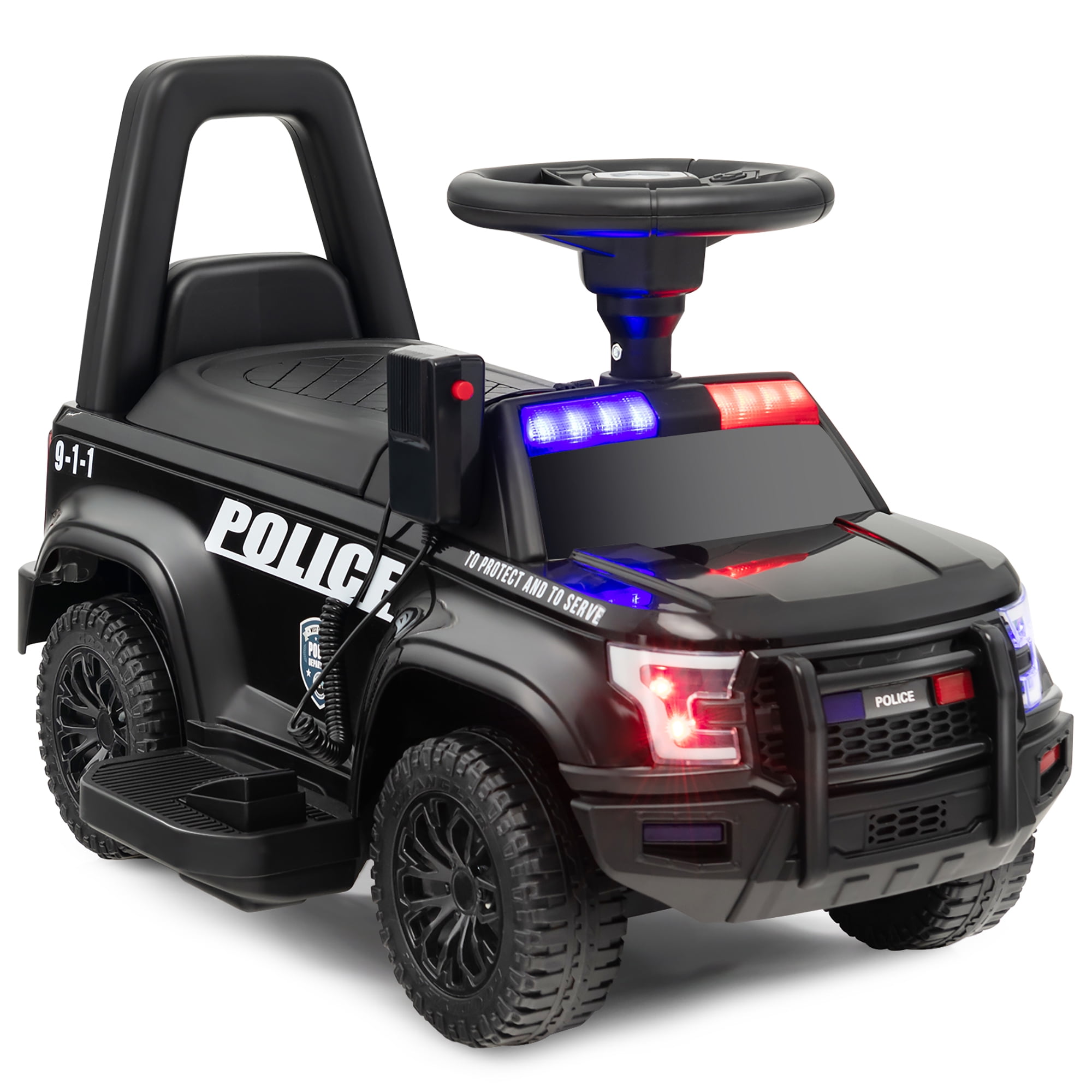 Black 6V Kids Ride On Police Car with Megaphone and Siren