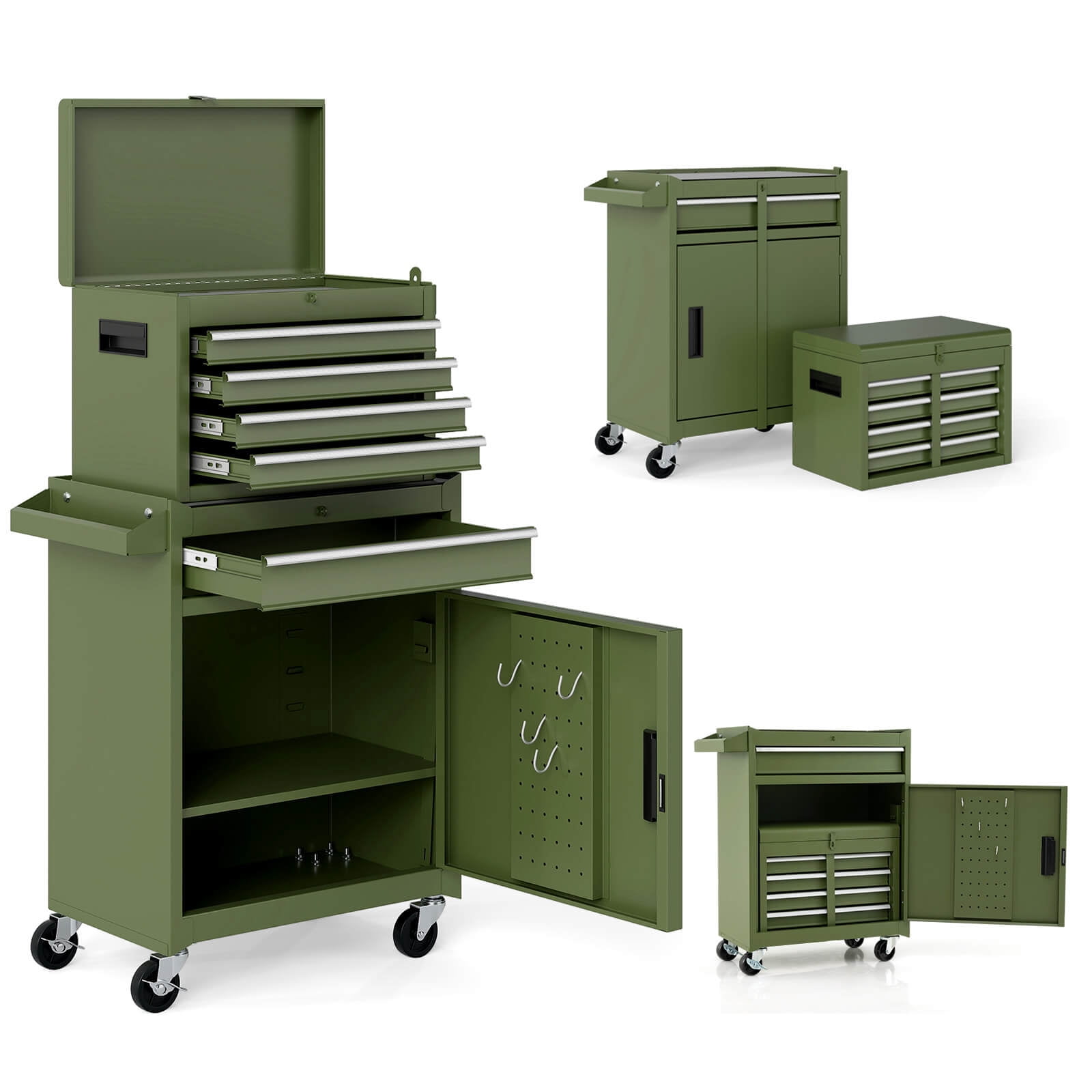 Costway 2 in 1 Tool Chest & Cabinet with Sliding Drawers Rolling Garage Organizer Green