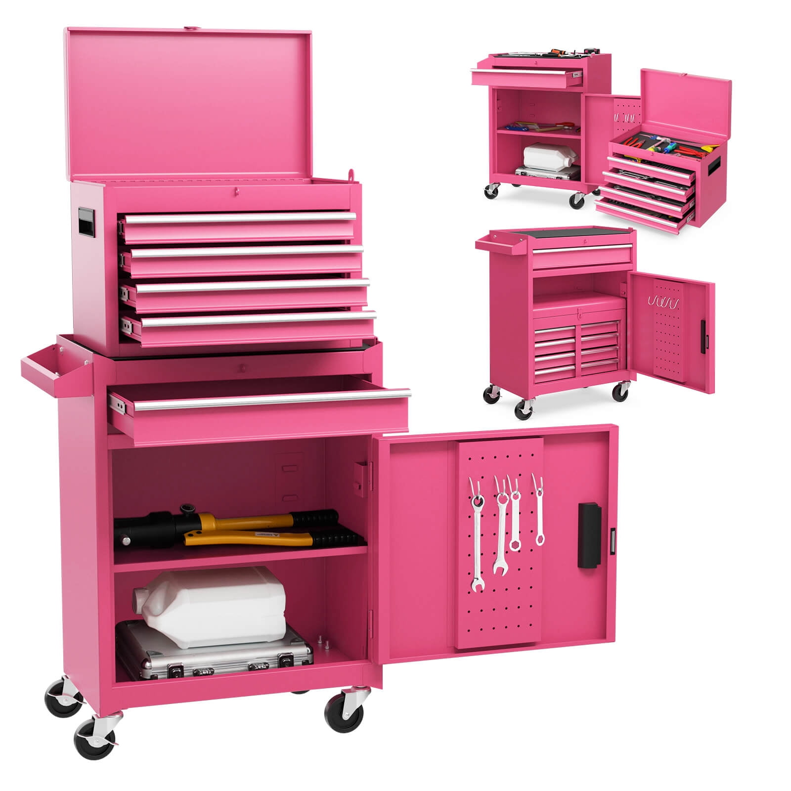 Costway 2 in 1 Tool Chest & Cabinet with Sliding Drawers Rolling Garage Organizer, Pink
