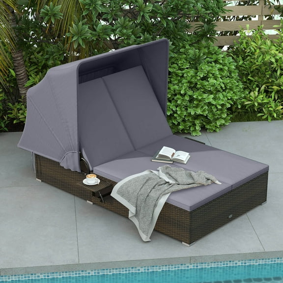 Costway 2-person Rattan Lounge Bed with Retractable Canopy 5-position Adjustable Backrest Mix Brown,Gray