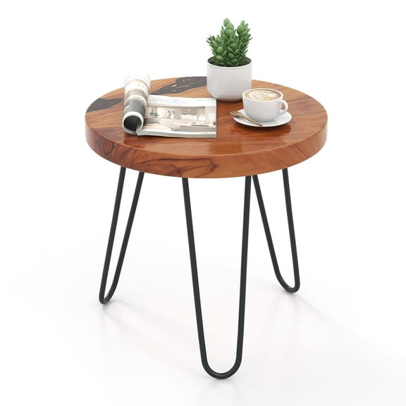 Costway 20" Round Teak Wood End Table Solid Live Edge Outdoor Side Table with Metal Frame