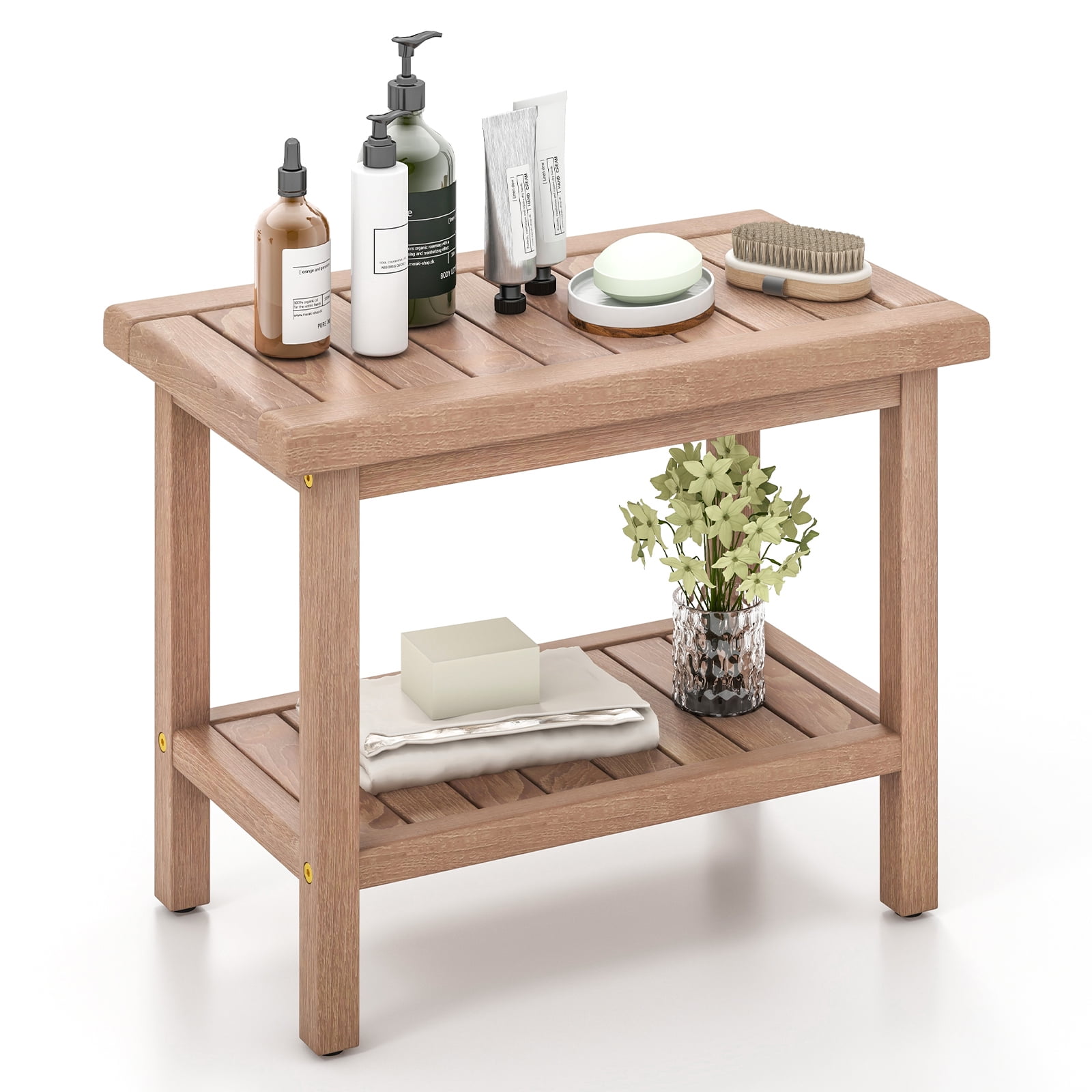 Costway 21'' Indonesia Teak Wood Shower Bench 2-Tier Waterproof Bath Spa Stool with Storage Shelf
