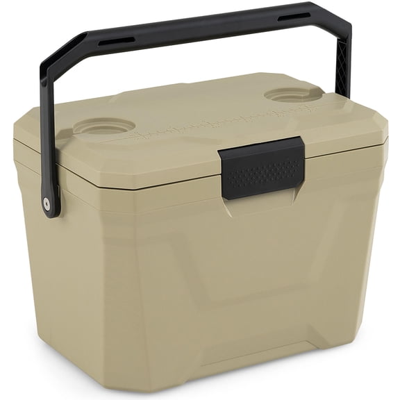 Costway 21 QT Insulated Portable Cooler, Hard Shell Ice Chest with 2 Cup Holders Tan