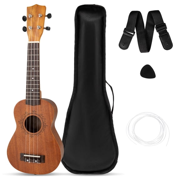 Costway 21" Soprano Mahogany Wooden Ukelele Set with Gig Bag, Pick, Adjustable Strap Natural