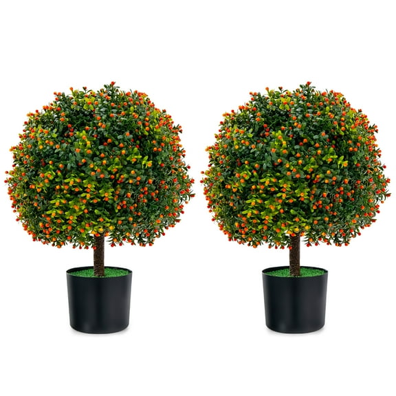 Costway 22'' Artificial Boxwood Topiary Ball Tree 2-Pack Faux Potted Plant w/Orange Fruit
