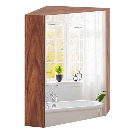 Costway 23.5" Wall Mounted Storage Organizer Corner Medicine Cabinet with Mirror Brown