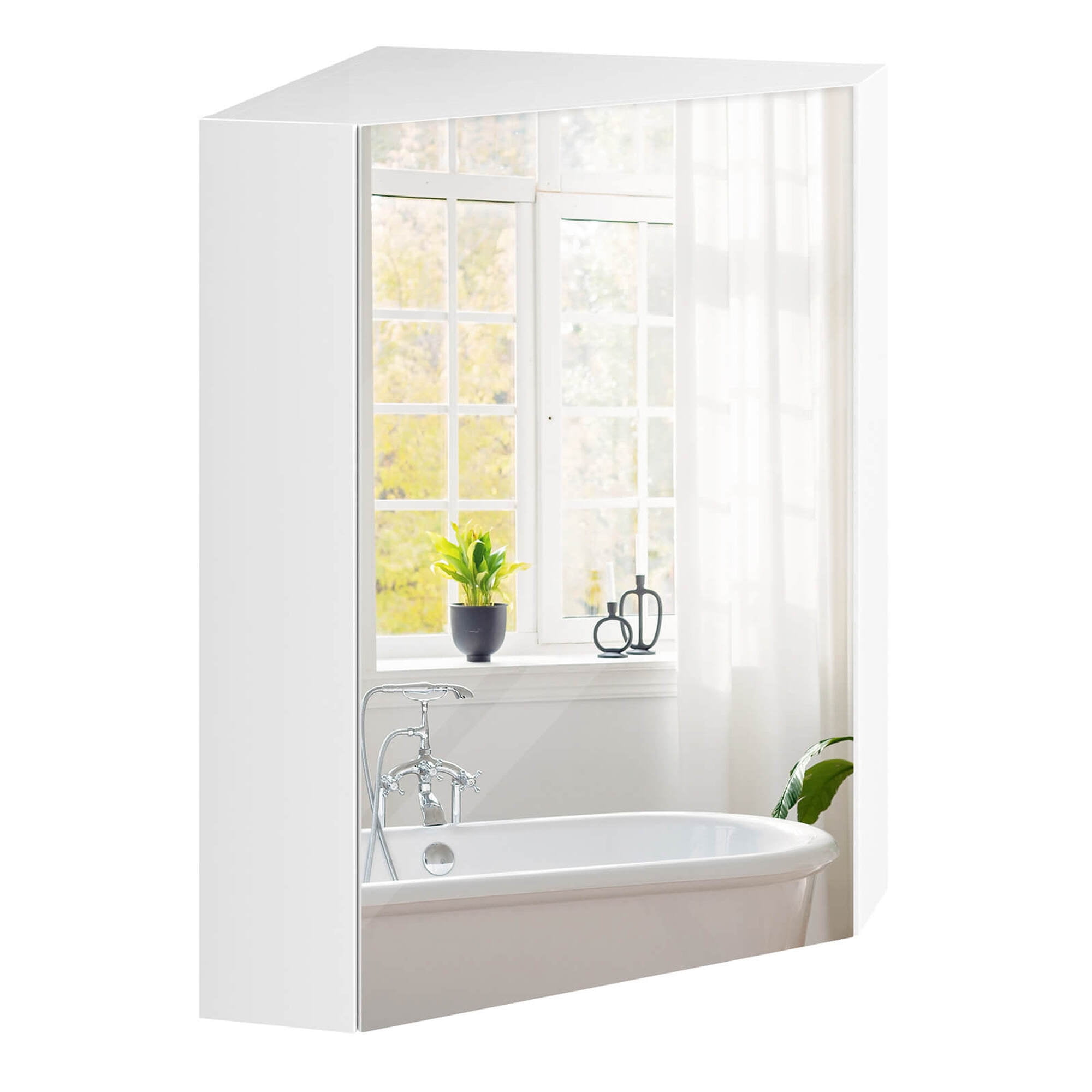 White Engineered Wood Corner Medicine Cabinet with Mirror