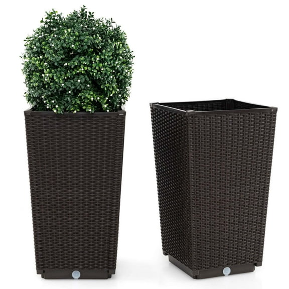Costway 23" Tall Planters Set of 2 Rattan Wicker Plant Pot Self-watering Tree Pot Brown