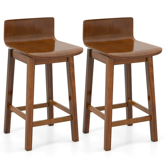 Costway 24.5" Counter Height Bar Stools Set of 2 with Footrest Solid Rubber Wood Legs Walnut