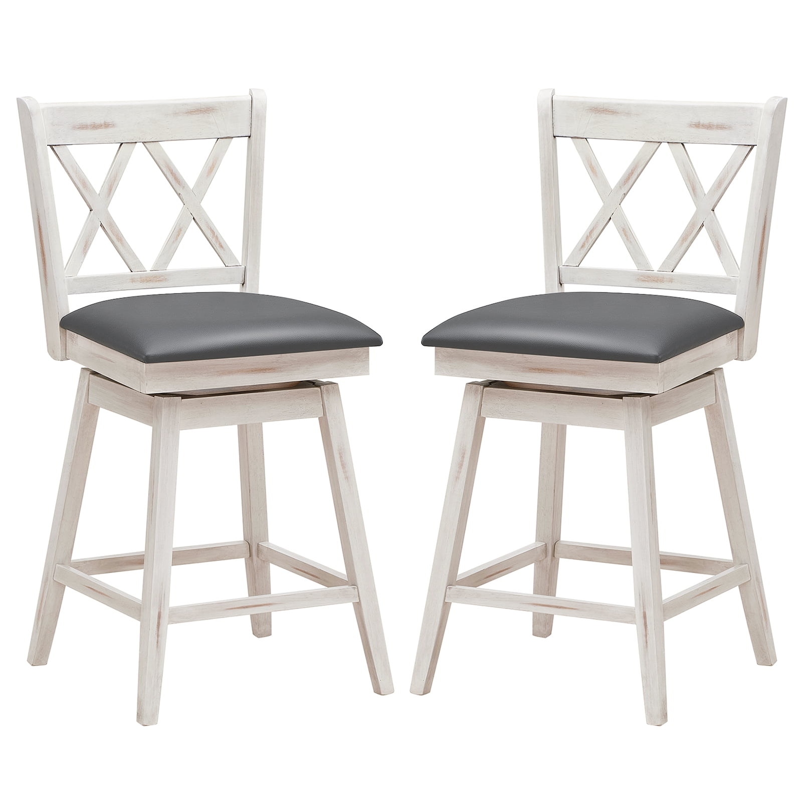 Costway 24" Bar Stools Set of 2 with Ergonomic Backrest Rubber Wood Legs Swivel Height Chairs Antique White, Gray