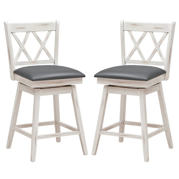 Costway 24" Bar Stools Set of 2 with Ergonomic Backrest Rubber Wood Legs Swivel Height Chairs Antique White, Gray