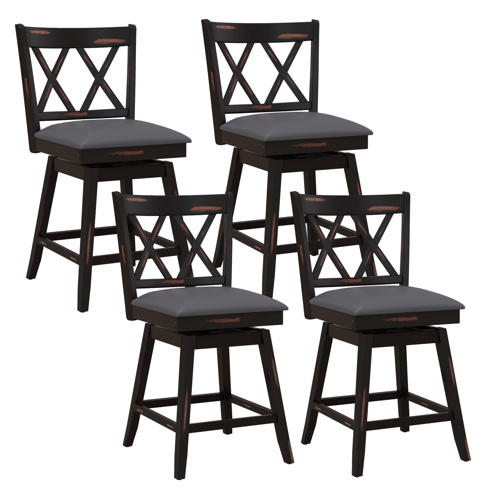 Costway 24" Bar Stools Set of 4 with Ergonomic Backrest Rubber Wood Legs Swivel Height Chairs Black, Gray