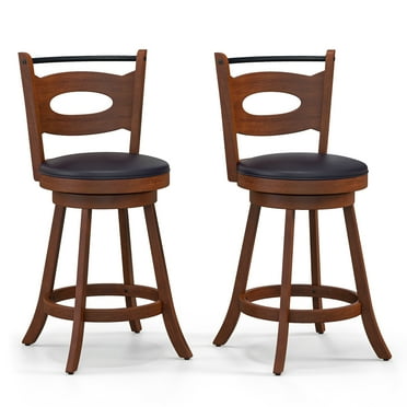 Costway 24" Height Set of 2 Bar Stools 360° Swivel Dining Chairs Solid Rubber Wood Leather Padded Seat