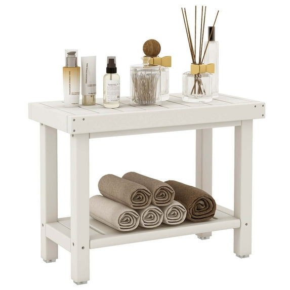 Costway 24" x 12" Heavy Duty Waterproof HDPE Shower Bench Stool with Storage Shelf White
