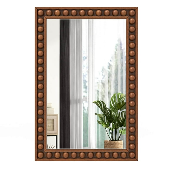 Costway 24" x 36" Rustic Decorative Wall Mirror with Solid Wood Frame Beads for Living Room Brown