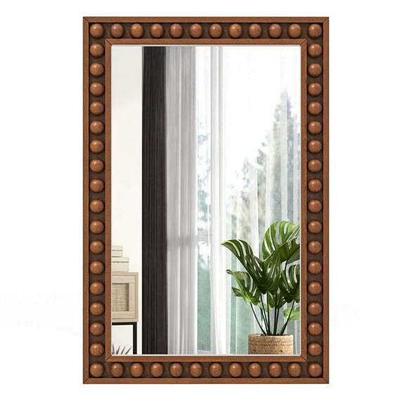 Costway 24" x 36" Rustic Decorative Wall Mirror with Solid Wood Frame Beads for Living Room Brown