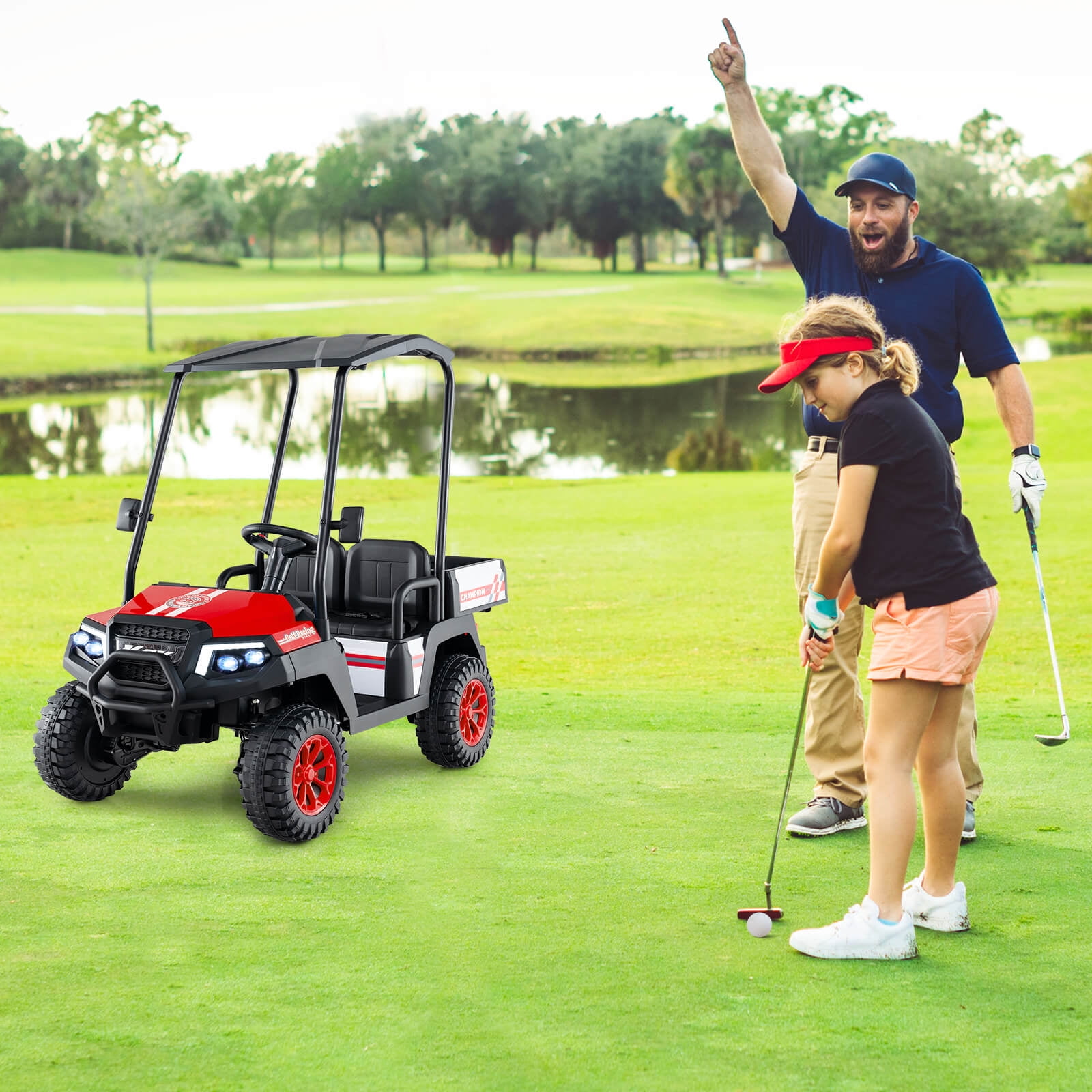 Costway 24V 7AH Kids Golf Cart 4WD 2 Seater Ride on Car with Sun Shade & Dump Bed Red